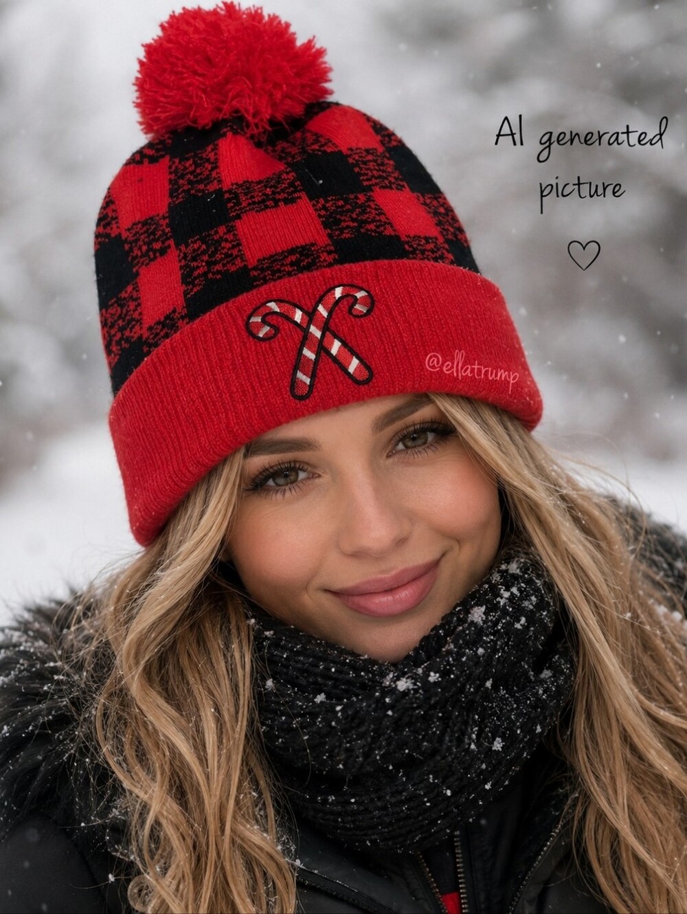 Holiday Time Candy Cane Check Pom Pom Beanie Hat Red/Black NWT